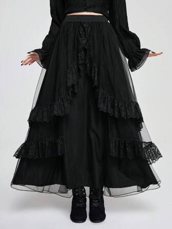 Goth Jupon à taille haute mi-longueur élégant et délicat avec garniture en dentelle et voile en couches pour femmes, style Renaissance