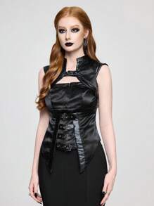 ROMWE Goth Top sin mangas de unicolor con escote espalda descubierta, de satén, ojetes y estilo gótico retro sexy, para mujer