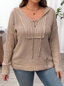 Calvaya Maglione casual a maniche lunghe con cappuccio e coulisse, in maglia, taglia comoda, per autunno e inverno - Cachi - Visualizzare 5