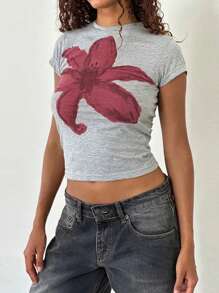 INAWLY 女士花卉印花圆领短袖修身时尚温柔甜美 T 恤 - 灰色 - 查看 1