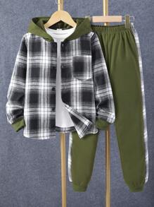 SHEIN Conjunto de 2 piezas para niños preadolescentes con sudadera con capucha y pantalones de estampado a cuadros en contraste - Verde - Ver 1