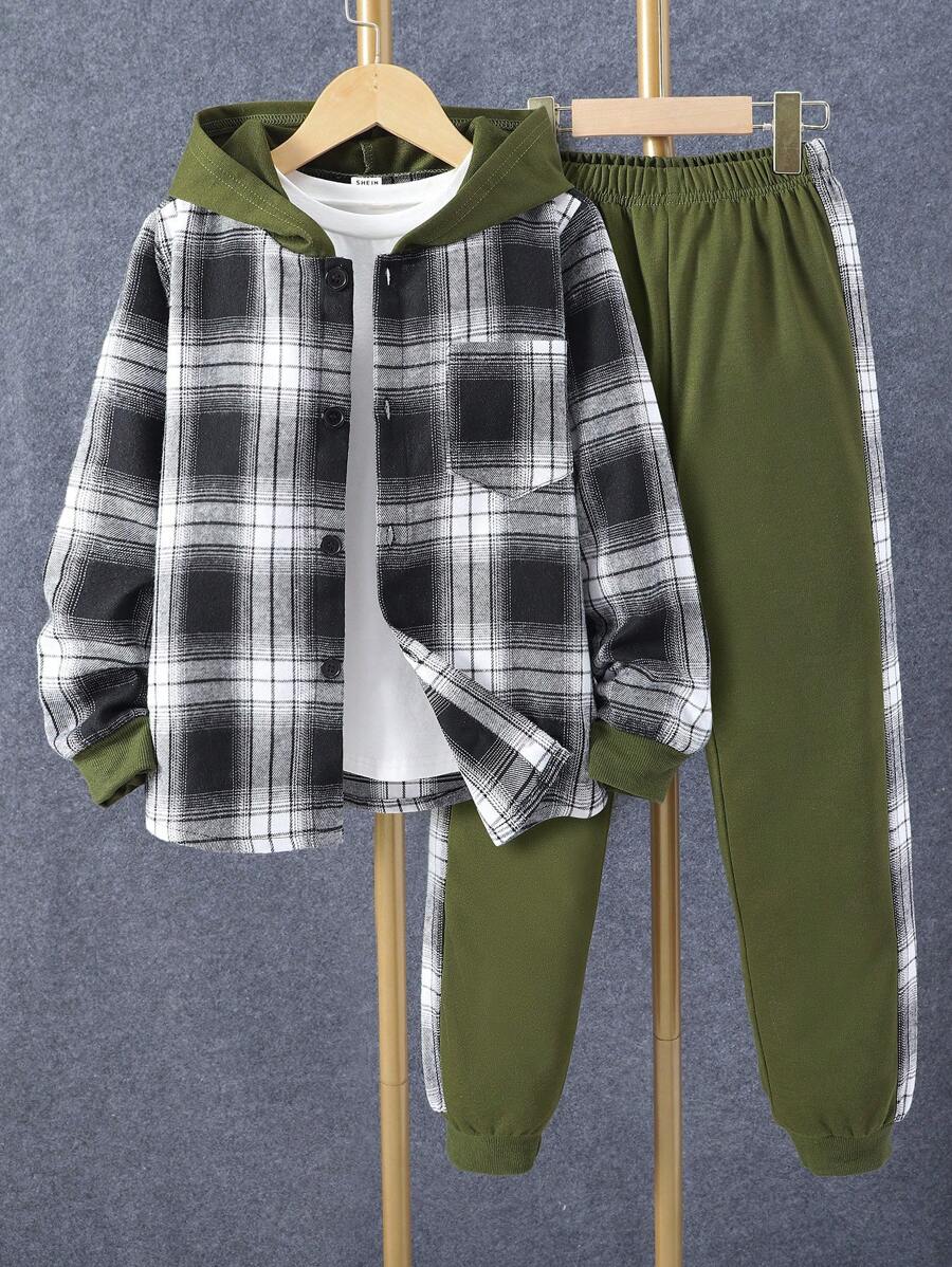 SHEIN Conjunto de 2 piezas para niños preadolescentes con sudadera con capucha y pantalones de estampado a cuadros en contraste - Verde - Ver 1