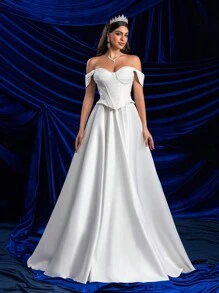 SHEIN Belle Elegant Glamorous Off-Shoulder 2 In 1 Set With Sequin Lace Bust Cup, Fish Bone Boning, A-Line Dress & High Slit, Sheer Lace Design, Suitable For Weddings, Parties, Galas & Informal Ceremonies, White Bridal Dress