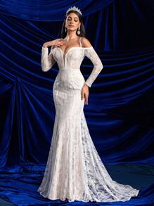 Glamrae 优雅迷人的白色对比香槟色 V 领露肩透视长袖喇叭弹力蕾丝性感露背美人鱼下摆廓形连衣裙适合婚礼、派对、节日和毕业典礼