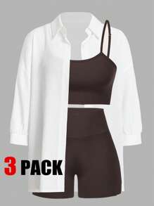 SHEIN Essnce Áo khoác nữ thể thao nhẹ mùa hè thời trang gợi cảm Thể thao ngoài trời Đi xe đạp Tennis Du lịch Áo ba lỗ & Quần short & áo sơ mi bó sát Bộ đồ 3 chiếc - Cà phê nâu - Xem 1