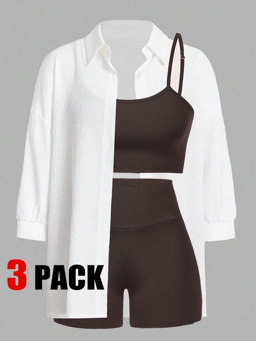 SHEIN Essnce Áo khoác nữ thể thao nhẹ mùa hè thời trang gợi cảm Thể thao ngoài trời Đi xe đạp Tennis Du lịch Áo ba lỗ & Quần short & áo sơ mi bó sát Bộ đồ 3 chiếc - Cà phê nâu - Xem 1
