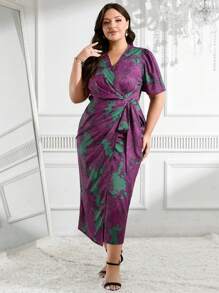 Modelyn 大码前系带短袖全身印花长款休闲连衣裙长款晚礼服 - 紫色 - 查看 5