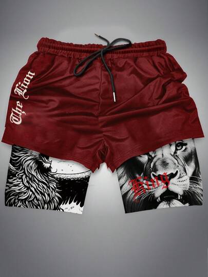 Manfinity Dauomo Pantalones cortos de playa de doble capa con impresión digital 3D, pantalones cortos deportivos, pantalones cortos de fitness