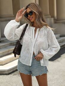 EMERY ROSE Eyelet Embroidery Eyelet Collar Button Lace Hem Long Sleeve Shirt Fall Cloth For Women - White - View 4