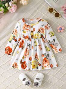 3pcs Baby Girls' Floral Print & Solid Color Long Sleeve Dress, Casual Outdoor Wear For Spring/Fall