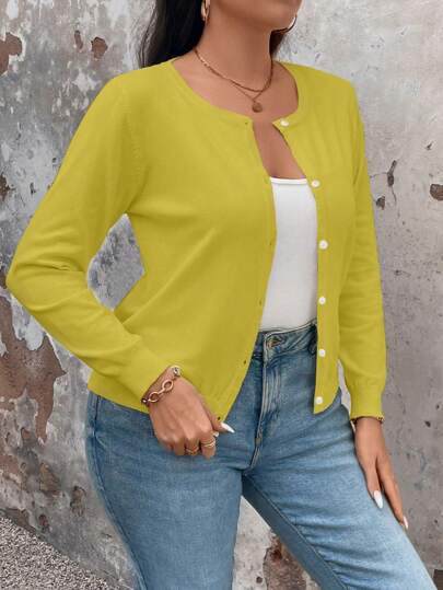 Cardigan de manga larga de unicolor informal de talla grande, apto para primavera/otoño, para invierno