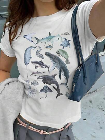 INAWLY Women's Casual Round Neck Short Sleeve Shark Print T-Shirt, Summer Graphic Tee Graphic Tees Women Tops