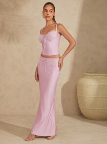 L'Amorae Lace Insert Cami Top And Mermaid Maxi Skirt Set - Pink - View 4