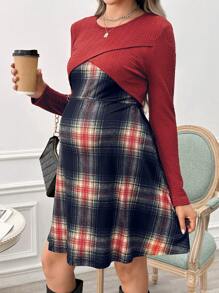 SHEIN 2 件套孕妇哺乳格子吊带背心连衣裙和长袖上衣，孕妇装 - 橘色 - 查看 5