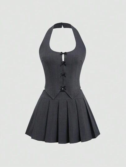 Sweetra 2 件套女士纯色不对称下摆露背无袖上衣和百褶裙