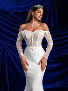 Glamrae 优雅迷人露肩透视长袖胸罩杯骨露背蕾丝花边美人鱼蕾丝下摆婚纱，白色新娘礼服 - 米色 - 查看 6