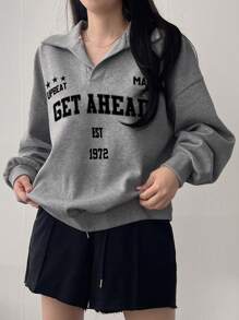 DAZY 女士长袖字母印花休闲宽松运动衫、长袖上衣、秋季女装 - 灰色 - 查看 2