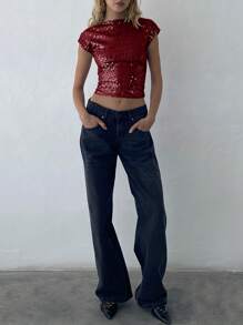 Siren Gaze Women's Fashionable Sequin Decorated Backless Short T-Shirt, Summer Christmas Luxury Red New Year Glitter