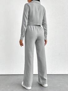 ZIRRA Conjunto de 2 piezas de camisa de manga larga de unicolor y pantalones casuales para mujer - Gris - Ver 2