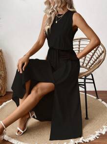 Chiquease Solid Split Thigh Long Dress For Summer Vacation - Black - View 4