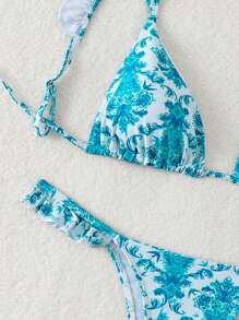 SHEIN Swim Random Floral Print Ruffled Trim Spaghetti Strap Vacation Bikini Set, Bathing Suit Summer - Multicolor - View 7