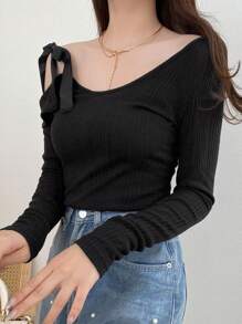 FRIFUL Women's Asymmetrical Neck Tie Shoulder Long Sleeve Elegant Casual Sweet T-Shirt, Ribbed Tee