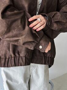 FRIFUL Women's Loose Dropped Shoulder Zip Up Casual Jacket For Spring/Autumn Women Coats - Brown - View 7