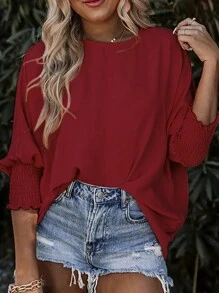 INAWLY Women's Solid Color Batwing Sleeve Blouse For Leisure