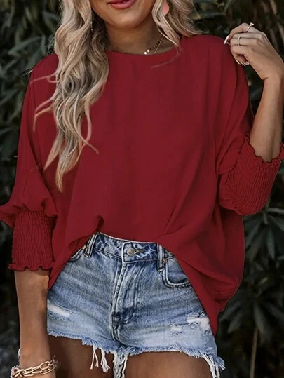 INAWLY Bluză de damă cu mâneci liliac de culoare uni pentru petrecere a timpului liber