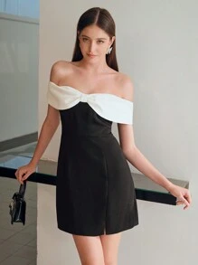 MOTF STUDIO 双色蝴蝶结翻领露肩短裙，新年装扮 - 黑與白 - 查看 8