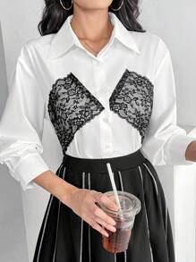 Modelyn Chemise à manches longues pour femmes avec patchwork en dentelle de couleurs contrastées, décontractée, pour le printemps et l'automne - Blanc - Voir 3