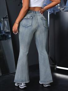 SHEIN ICON 大码女式口袋设计喇叭休闲牛仔裤 - 藍色 - 查看 2