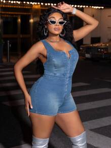 SHEIN SXY 大码牛仔连体衣蓝色紧身弹力连体裤 Y2K 时尚派对秋装工装裤万圣节服装女式紧身裤 - 淺色水洗藍 - 查看 2