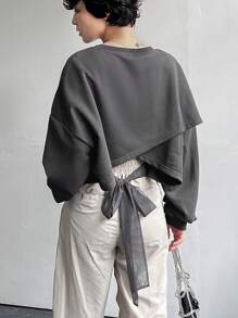FRIFUL Sudadera con capucha y cordón con bajo asimétrico para mujer con lazo en la espalda - Gris - Ver 1