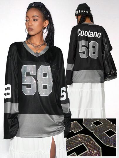 Coolane Women's Fall/Winter Y2K  Sportswear Number Printed Glitter Rhinestone Jersey T-Shirt ,Back To School