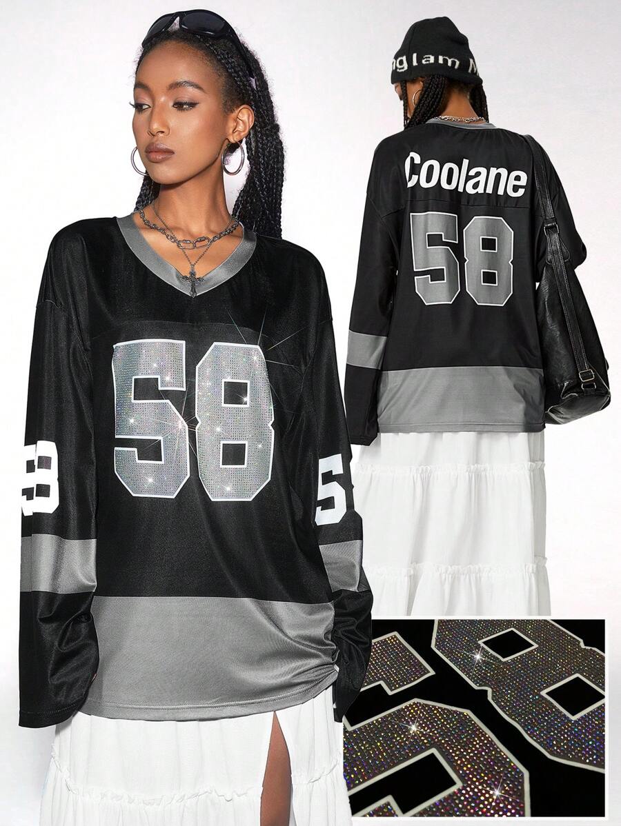 Coolane Women's Fall/Winter Y2K  Sportswear Number Printed Glitter Rhinestone Jersey T-Shirt ,Back To School