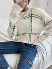 SHEIN LUNE 格纹落肩针织衫，休闲风格，适合春秋穿着，长袖上衣，针织套头衫，秋冬款 - 米色 - 查看 6