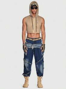 ROMWE MEN ROMWE Avant Men Raw Trim Flap Pocket Cargo Baggy Jeans
