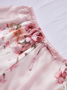 LuxeNights 5pcs Women's Floral Print Faux Silk Pajama Set, Elegant Fall Clothes