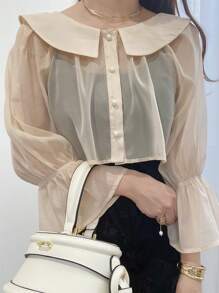 FRIFUL 2pcs Women's Plain Peter Pan Collar Sheer Long Sleeve Top & Lace Trim Slip Dress Set,Ruffle - Black - View 10