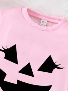 SHEIN Young Girl Mother & Daughter Pink Crewneck Sweatshirts, Matching Funny Face Prints, Casual Pullover For Halloween Festival, For Halloween Party - Pink - View 4