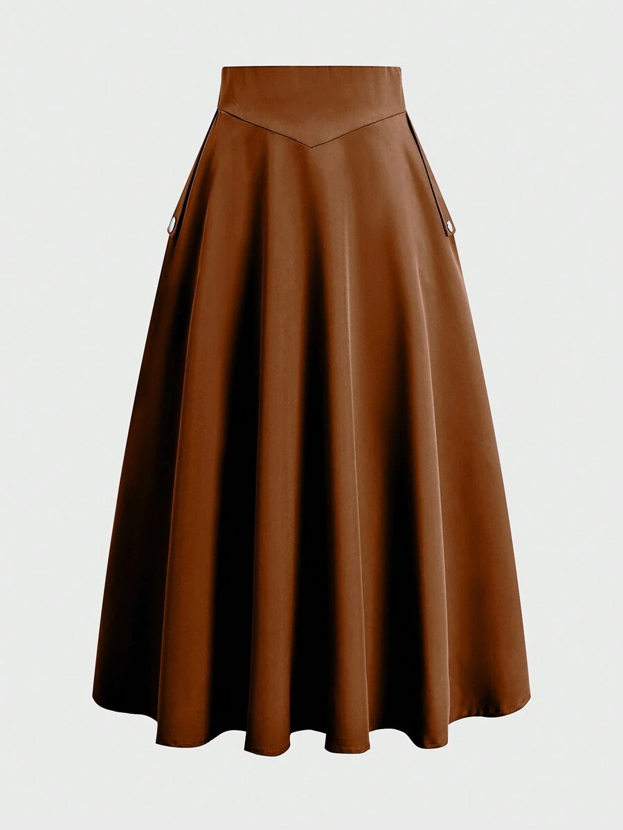 SHEIN Unity 女士纯色拉链口袋休闲半身裙 - 巧克力棕 - 查看 1