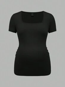 SHEIN 3 piezas/set de tops de verano ajustados de manga corta con cuello cuadrado en negro, blanco y gris para maternidad - Rojo - Ver 14