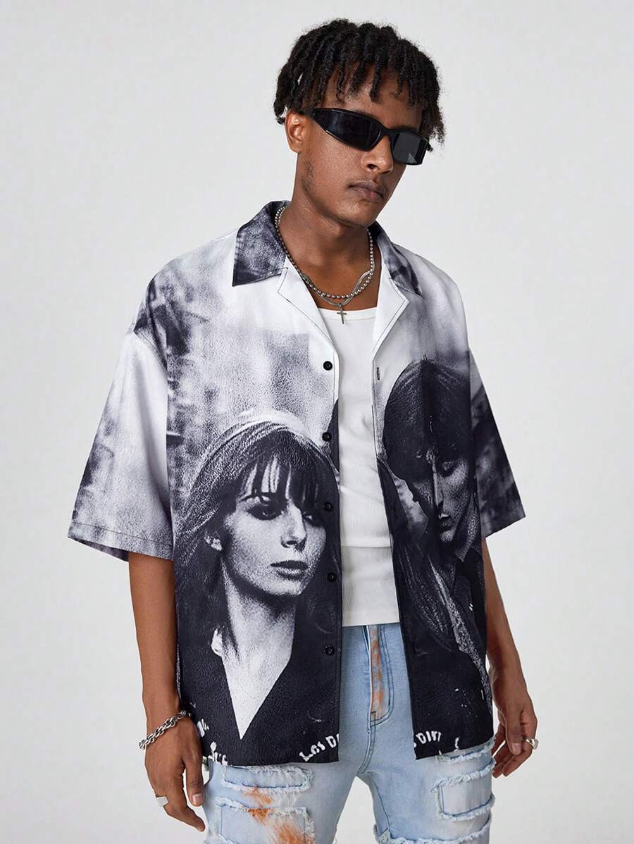 Manfinity VCAY Men's Loose Fit Digital Print Short Sleeve Woven Shirt, Summer - Multicolor - View 1