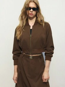 Maija 女士纯色长袖短款休闲飞行员夹克，春秋款