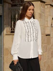 Enchnt Bluză elegantă lejeră cu volante de primăvară și vară pentru femei - alb - Vizualizare 7