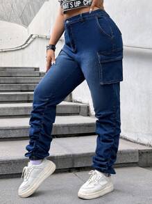 SHEIN ICON Quần jean denim rách cỡ lớn màu xanh lam, trang phục dạo phố thông thường - Rửa tối - Xem 4