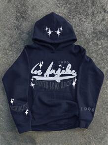 Manfinity EMRG Men's Letter Print Pocketed Hooded Casual Sweatshirt - Navy Blue - View 1