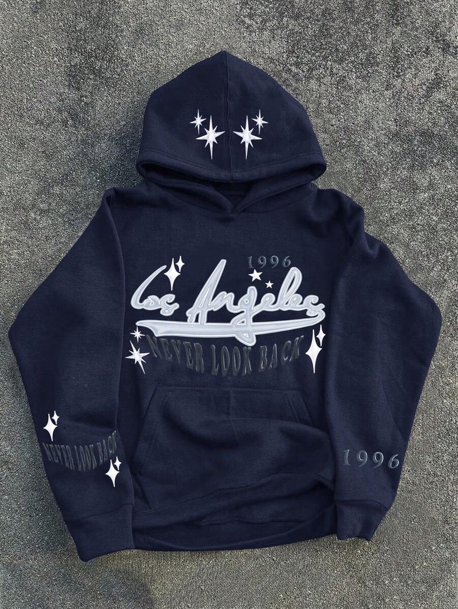 Manfinity EMRG Men's Letter Print Pocketed Hooded Casual Sweatshirt - Navy Blue - View 1