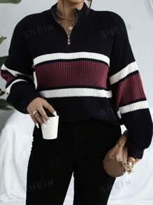 Vionelle Plus Size Color Block Striped Lantern Sleeve Sweater, Autumn/Winter Knit Pullover Fall - Black - View 3